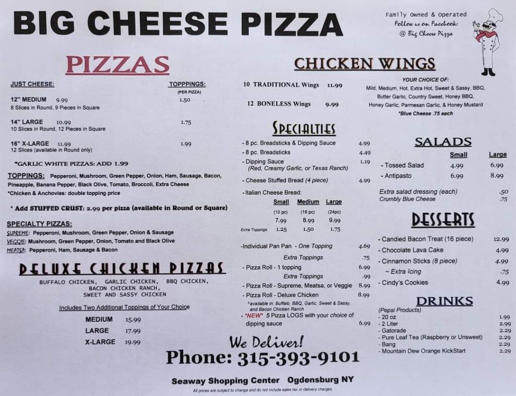 Big Cheese Pizza Menu 1